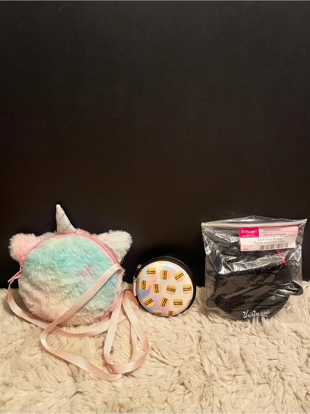 Three piece Plush Unicorn Crossbody Bag, 2 coin purses kids